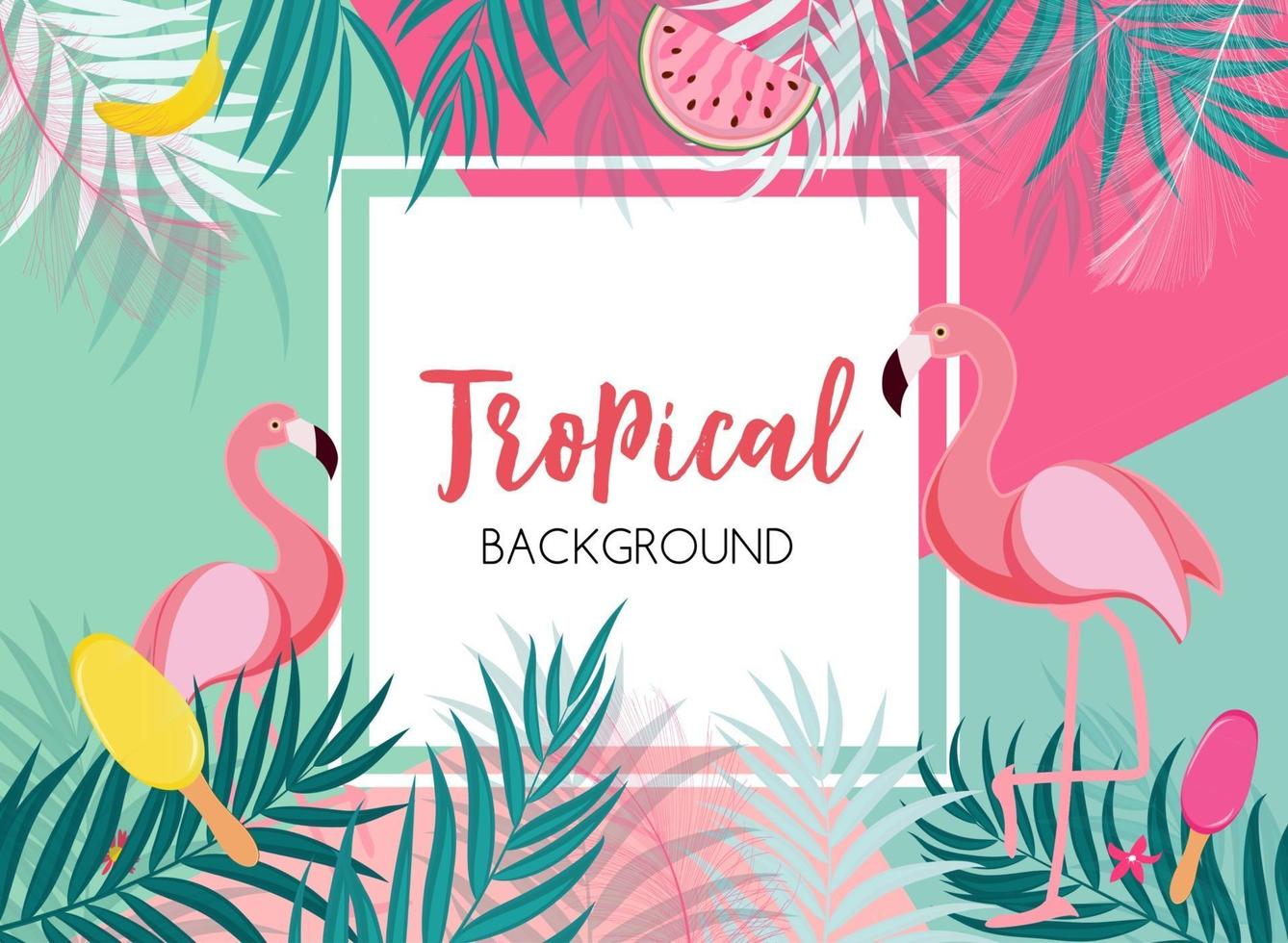 Cute Summer Abstract Frame Background with Pink Flamingo Vector Illustration