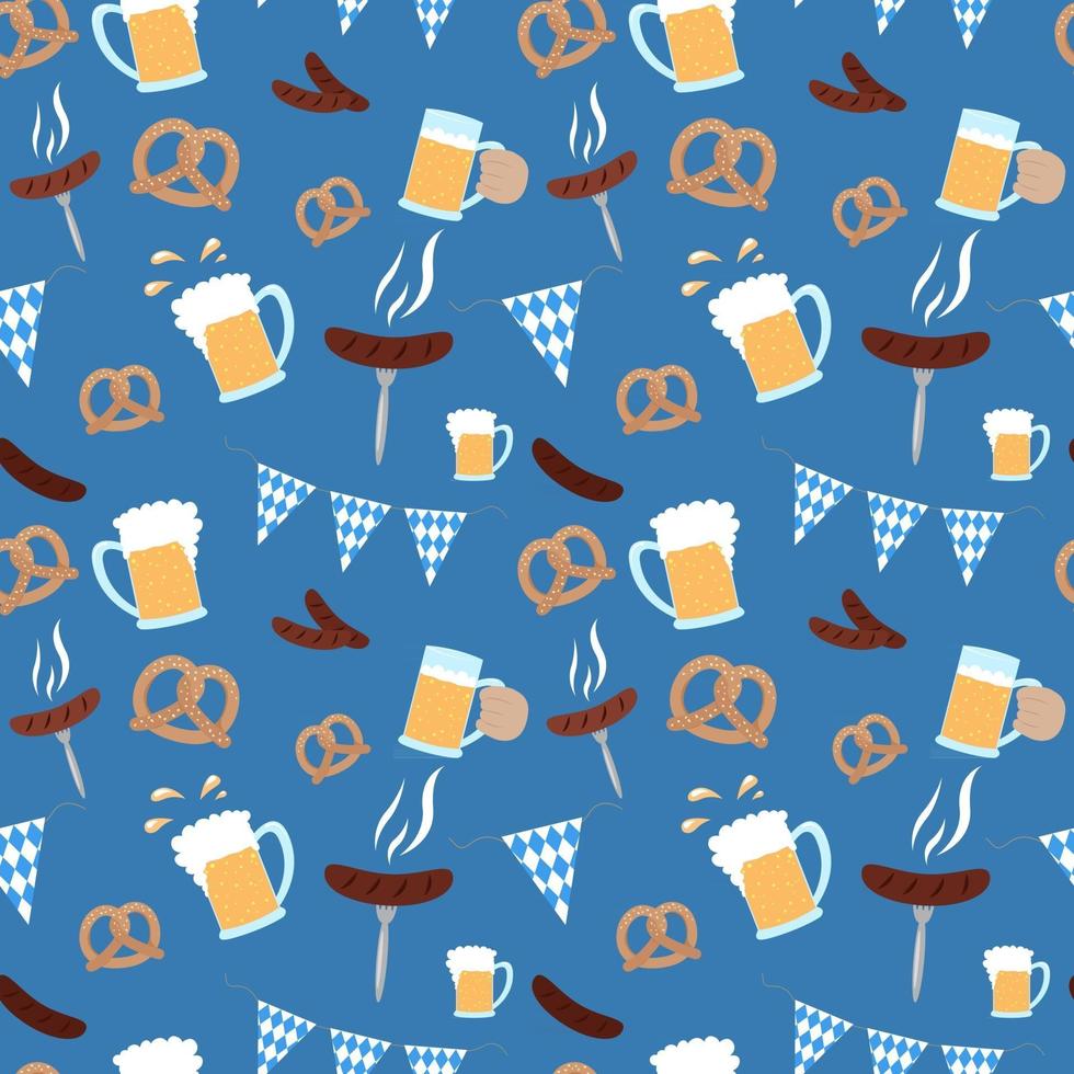 Oktoberfest pattern. Beer festival food and flag. Seamless Oktoberfest background. Vector illustration