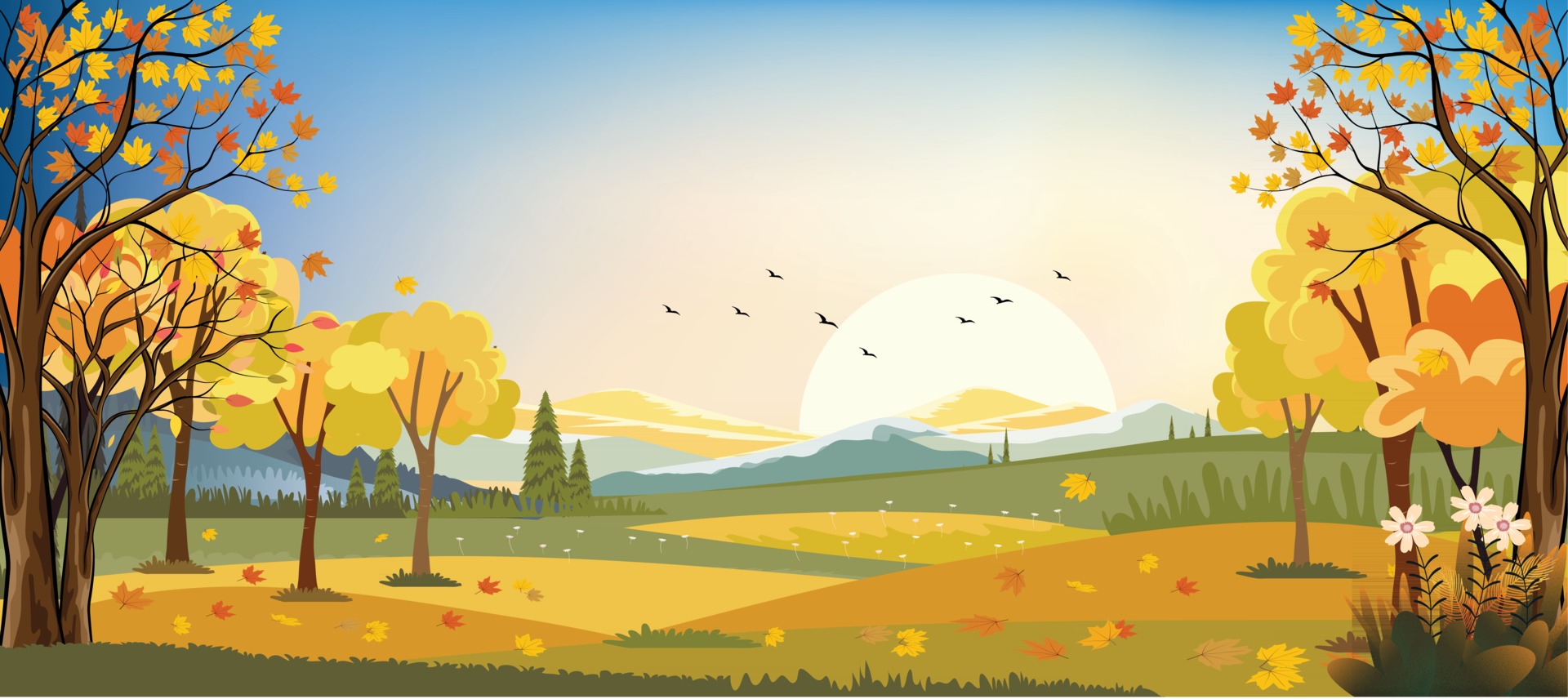 Panorama landscapes of Autumn farm field with maple leaves falling from