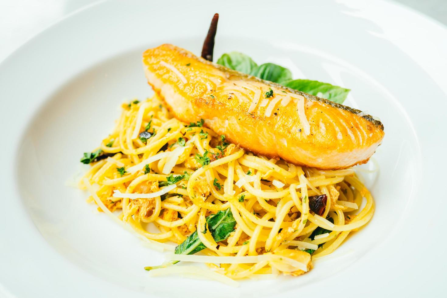 Spaghetti and Pasta with salmon fillet meat photo