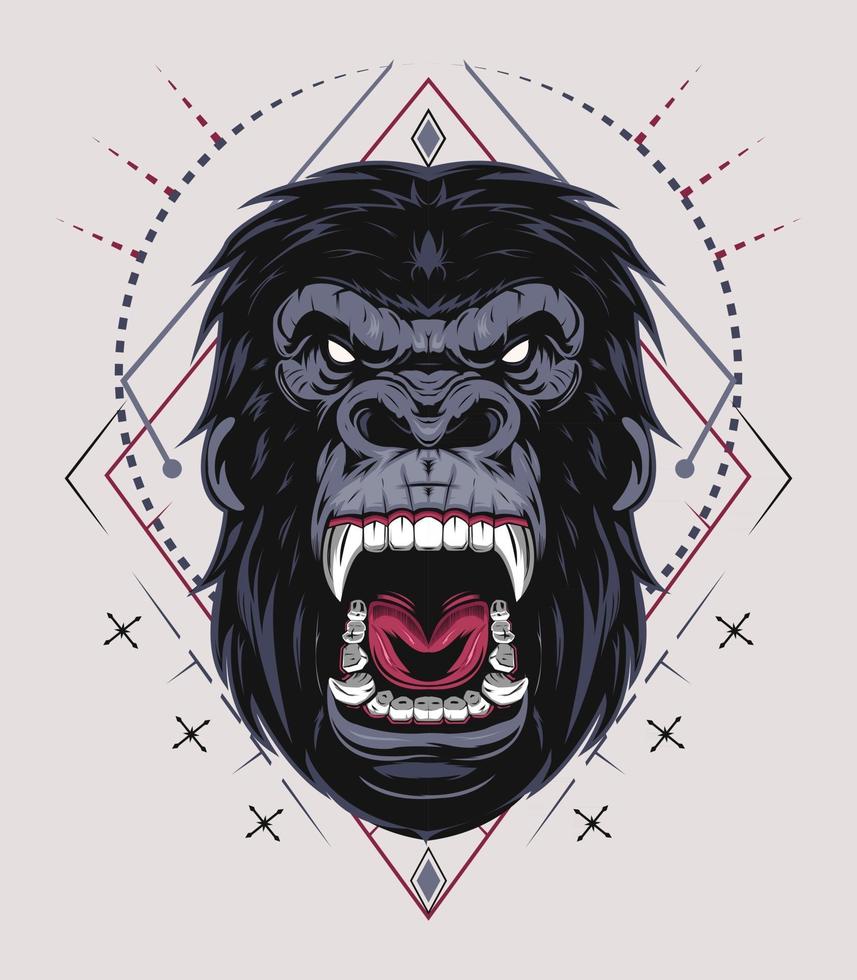 Illustration, ferocious gorilla head with sacred geometry vector