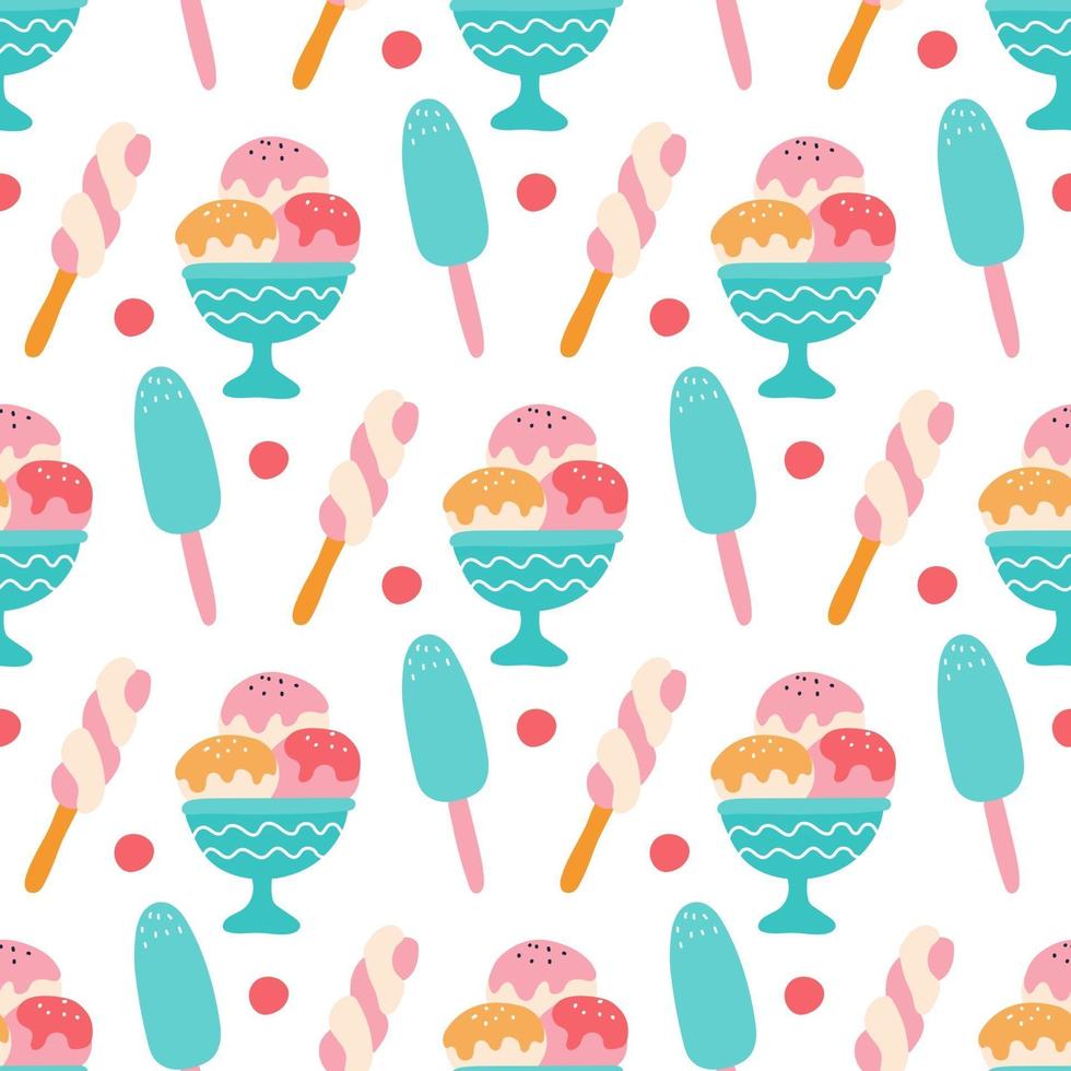Colorful ice cream with berries on a white background. Vector seamless pattern. Wallpaper, packaging paper design, fabrics