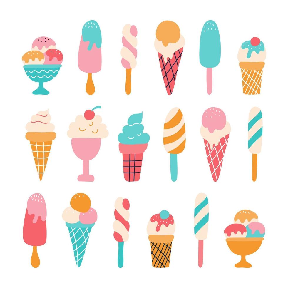 A set of ice cream on a stick, in a waffle cup, a cone. Fruit, colorful. Vector illustration in a flat style on a white background. Decor for children's room, posters, stickers, wrapping paper, fabric