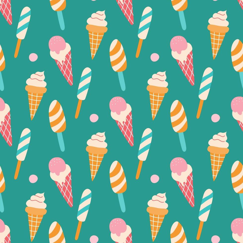 Colorful ice cream on a stick and in a waffle cone with berries on a green background. Vector seamless pattern. Wallpaper, packaging paper design, fabrics