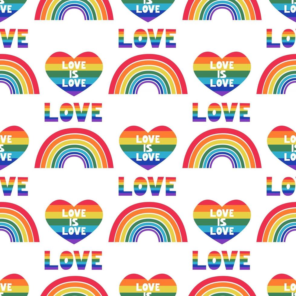 LGBT Pride Month in June. A rainbow with a heart and the inscription love is love. Vector seamless pattern in a flat style on a white background