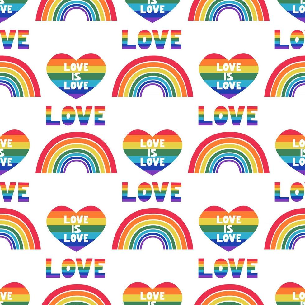 LGBT Pride Month in June. A rainbow with a heart and the inscription love is love. Vector seamless pattern in a flat style on a white background