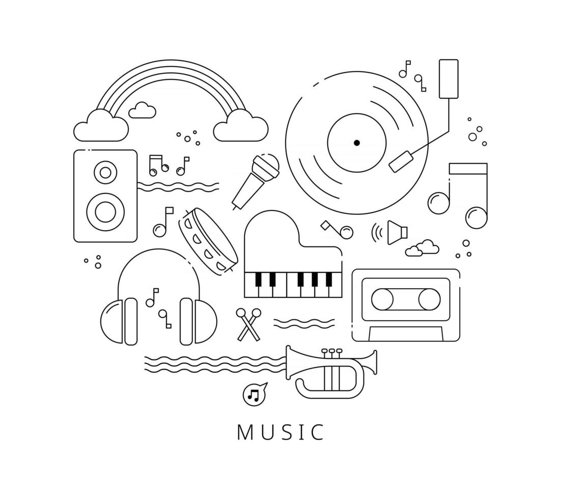 A composition in which musical instruments are gathered in a heart shape. Black line icon design on white background. flat design style minimal vector illustration.