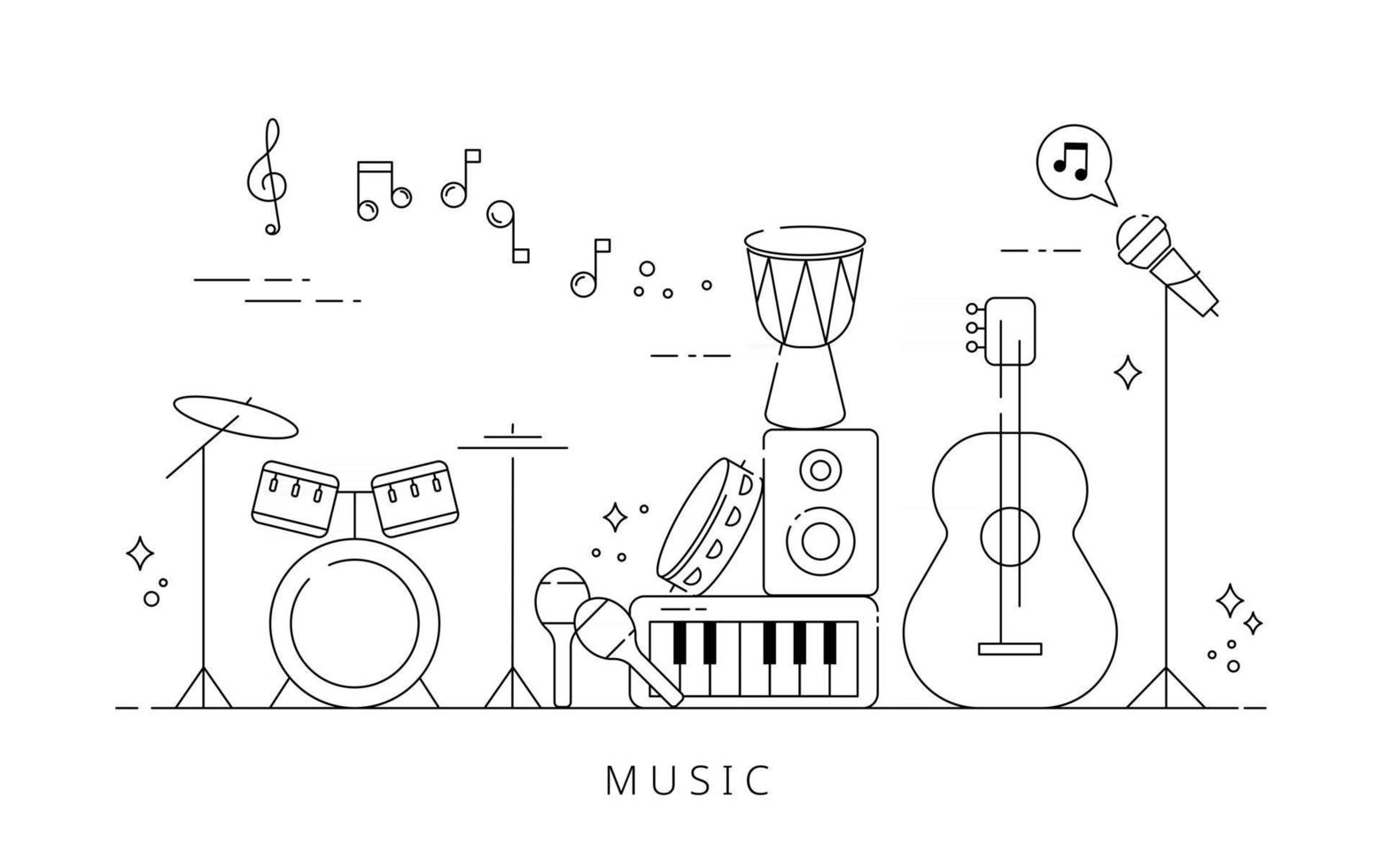 instruments on stage. Black line icon design on white background. flat design style minimal vector illustration.