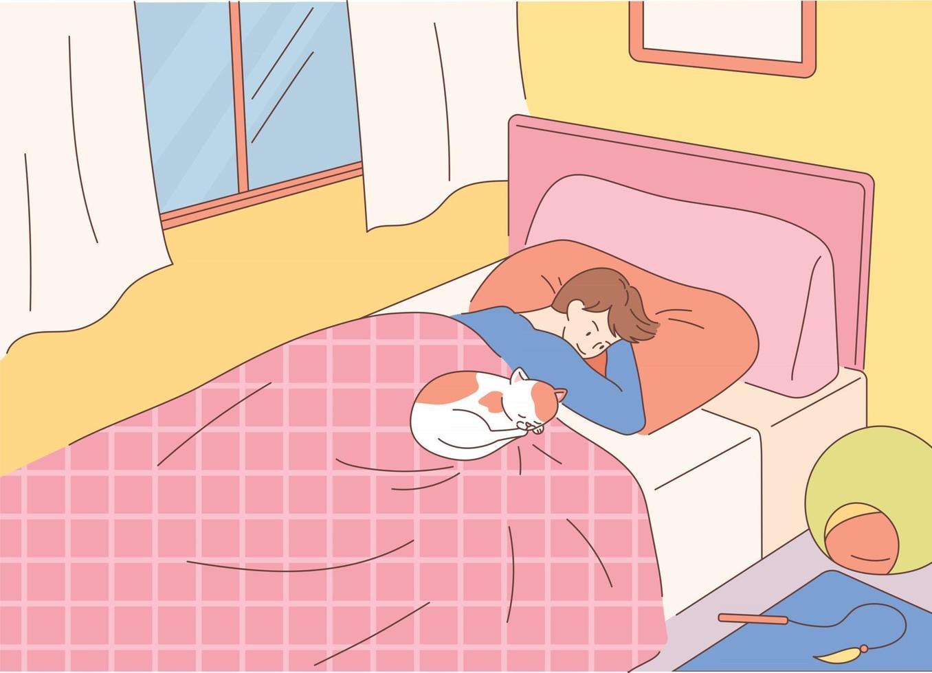 un hombre está acostado en la cama y mira a un lindo gato durmiendo junto a él. Ilustración de vector mínimo de estilo de diseño plano.