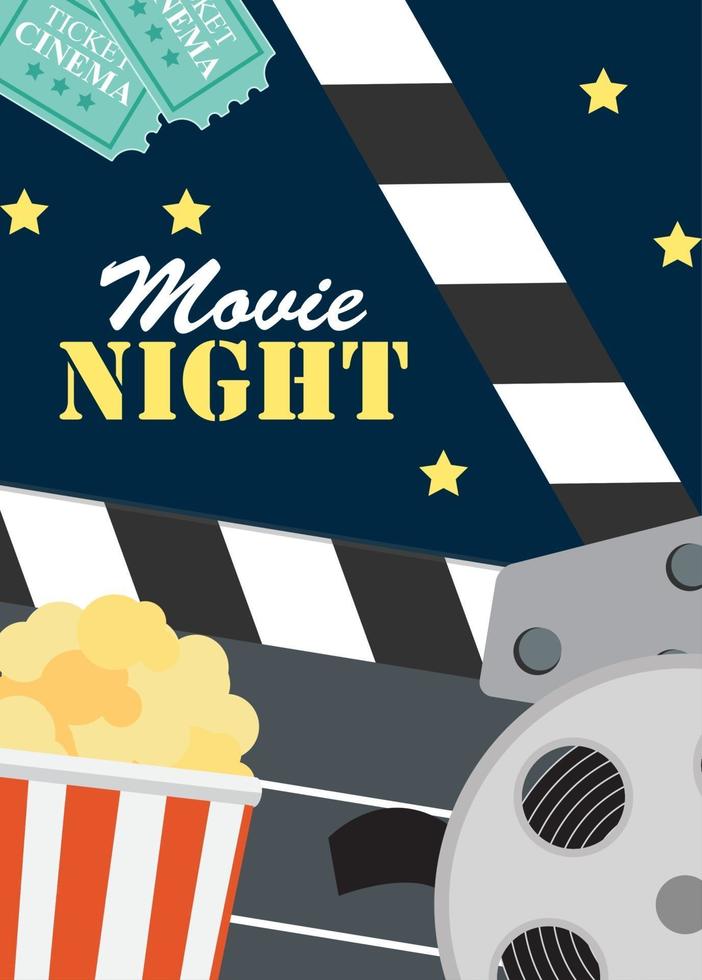 Abstract Movie Night Cinema Flat Background with Reel, Old Style Ticket, Big Pop Corn and Clapper Symbol Icons. Vector Illustration