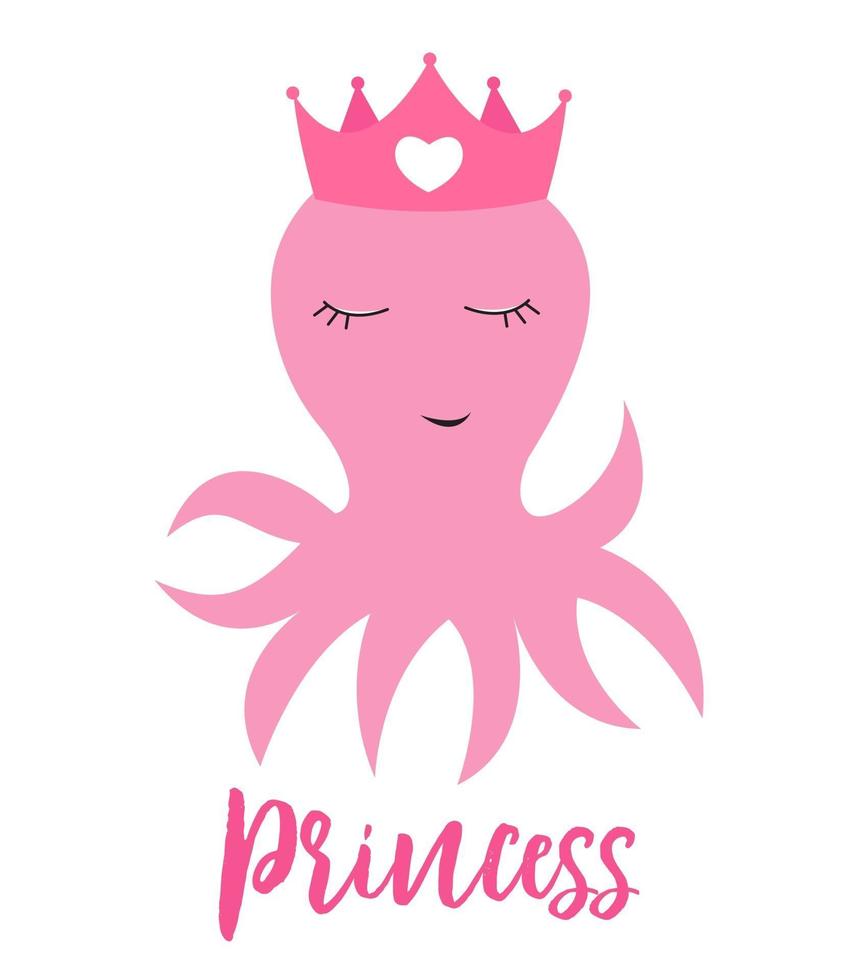 Little cute octopus princess with crown for card and shirt design. Vector Illustration