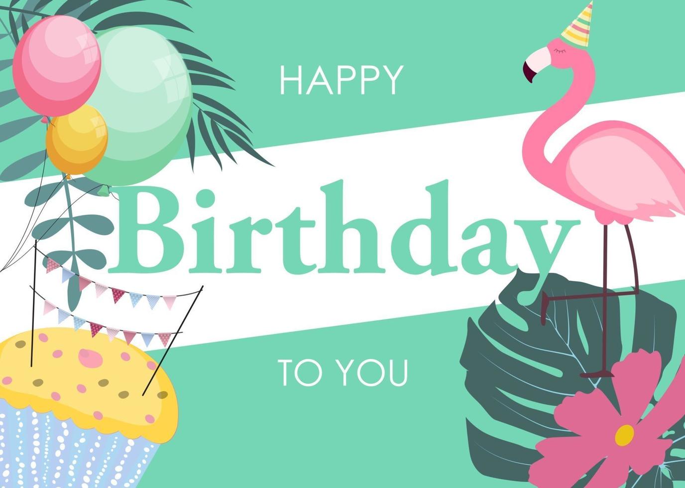 Tarjeta de cumpleaños con flamencos, globos y hojas de palmera, ilustración de vector de plantilla de felicitación