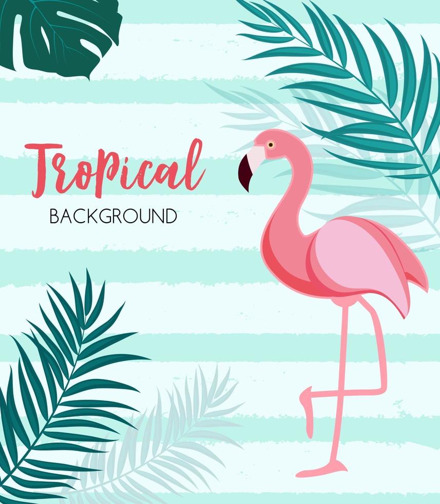 Abstract Tropical Background with Flamingo and Palm Leaves. Vector Illustration