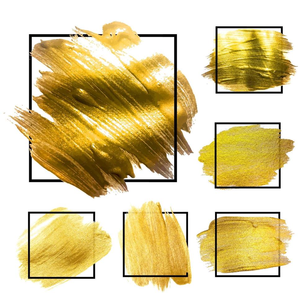 Golden Grunge Brush paint ink stroke with square frame backgrounds set. Vector Illustration