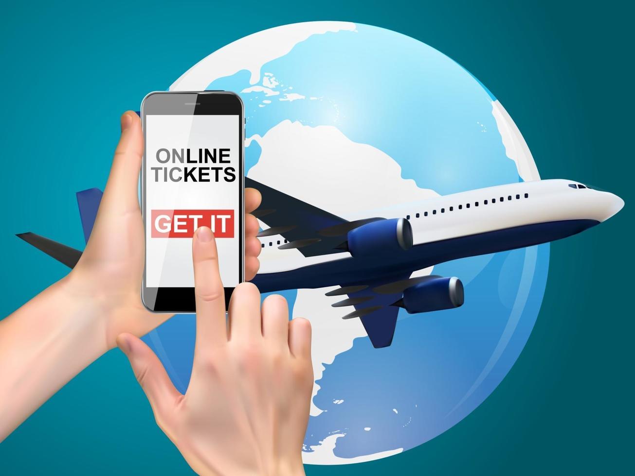 Hand holding a mobile phone. Buy air tickets online concept. Vector Illustration