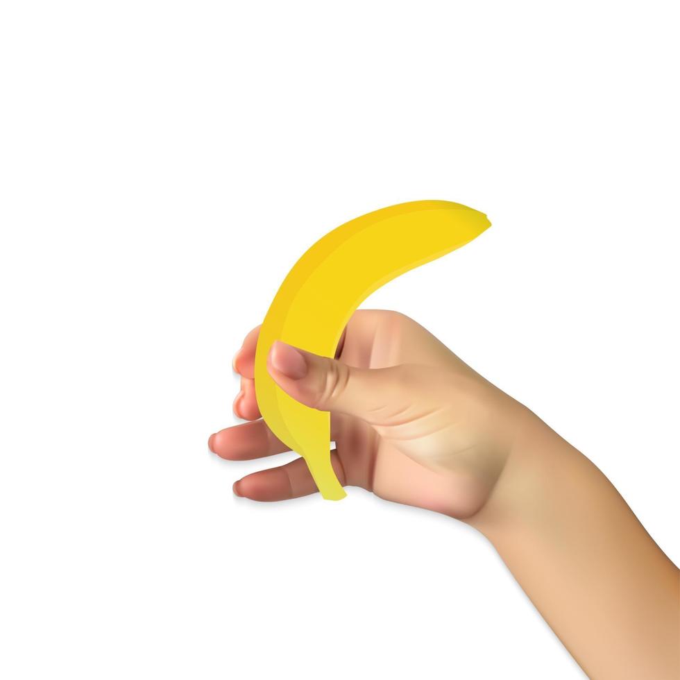 Realistic hand holding a banana vector