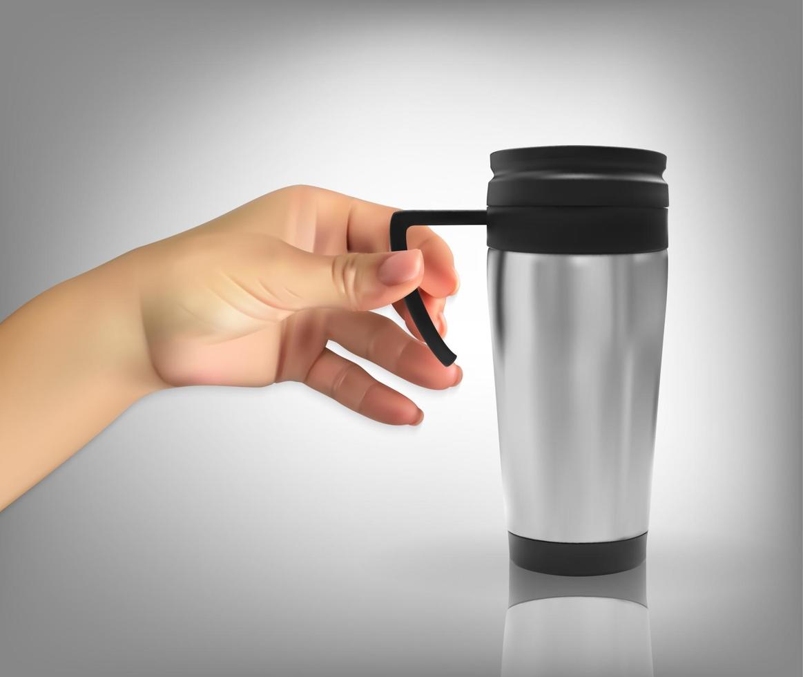 Realistic hand holding a coffee mug vector