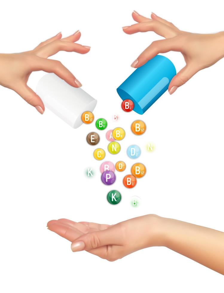 Realistic hand holding vitamin supplements vector