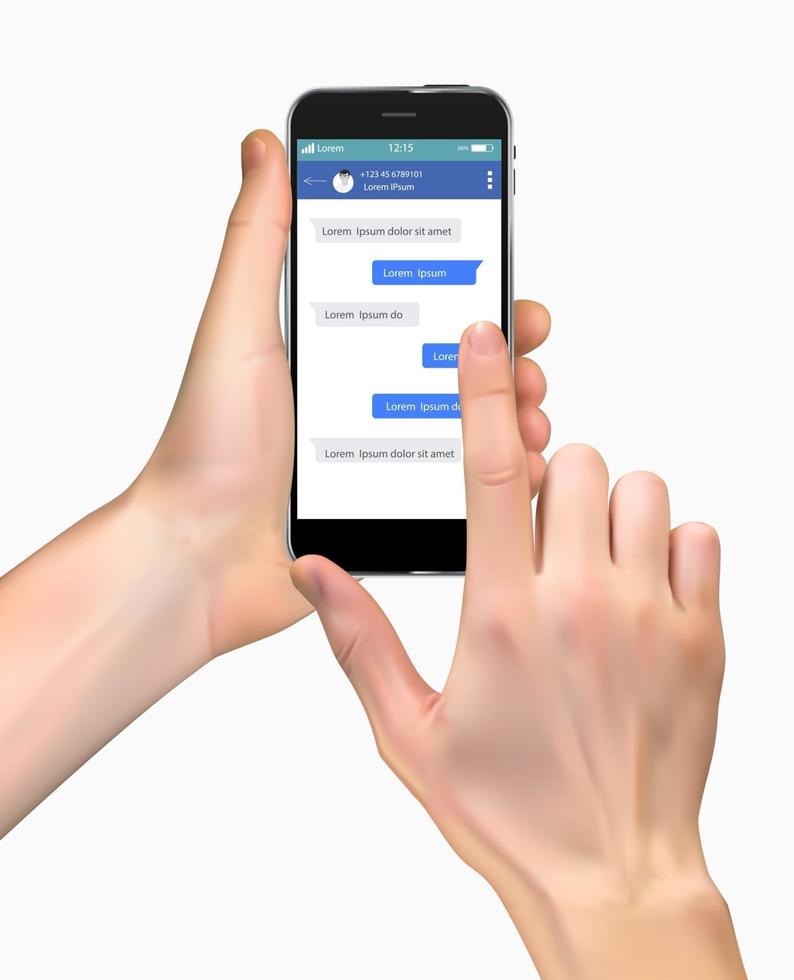 Realistic hand holding a smartphone. Social network concept vector