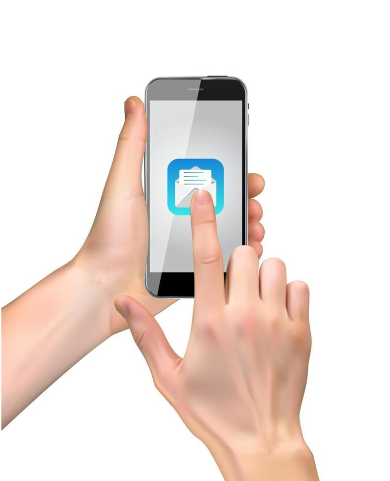 Realistic hand holding a smartphone with email icon vector