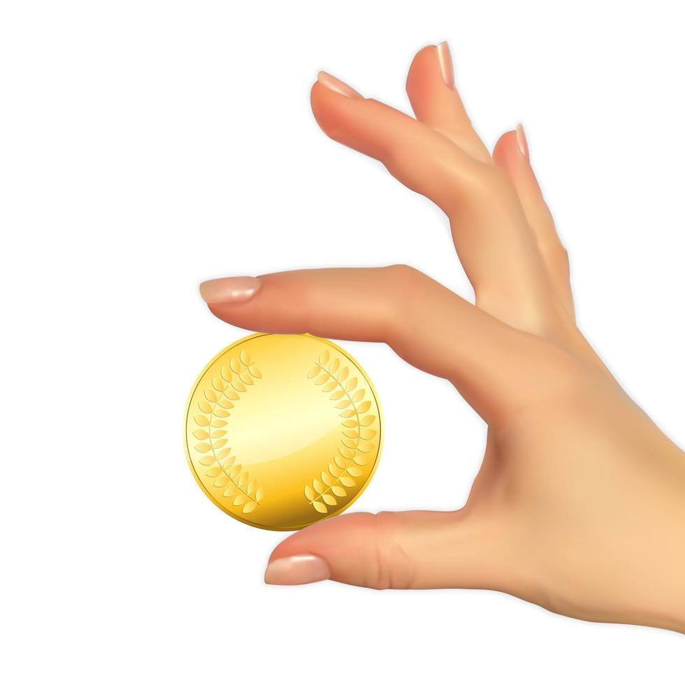 Realistic 3D Silhouette of hand with gold coin. Vector Illustration