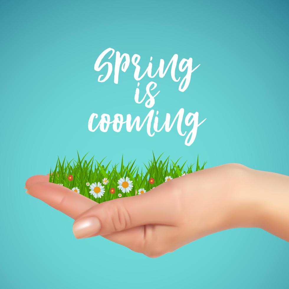 Grass and flowers in hand. Spring is cooming background. Vector Illustration