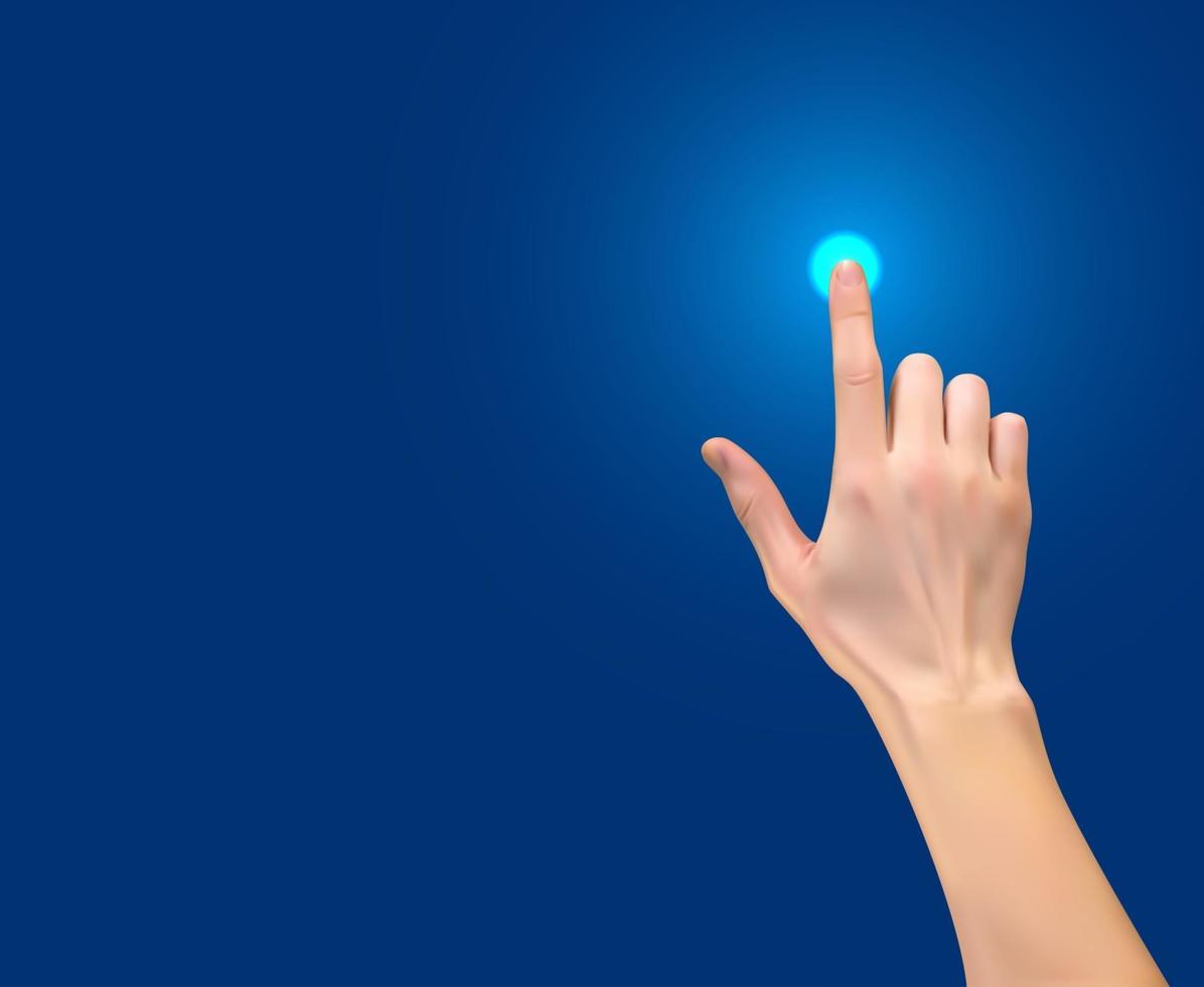 Realistic 3D Silhouette of hand pressing a button on Blue Background. Vector Illustration