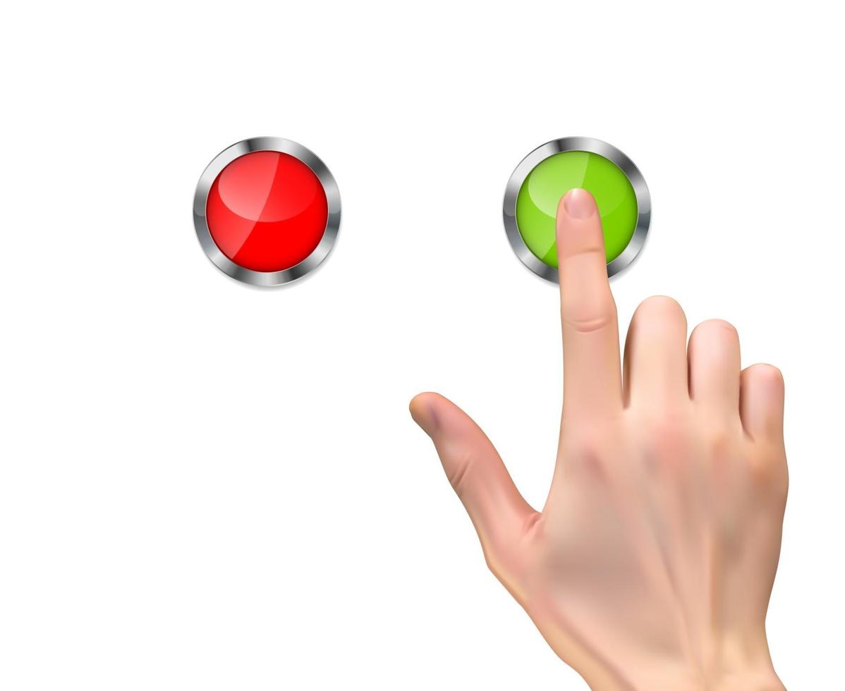 Realistic hand pressing a green start button on White Background. Vector Illustration