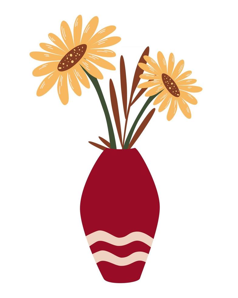 Vase with sunflowers. Bunch of plants bouquet in vase. Autumn wildflowers. Blooming flowers for interior design. Vector flat illustration.