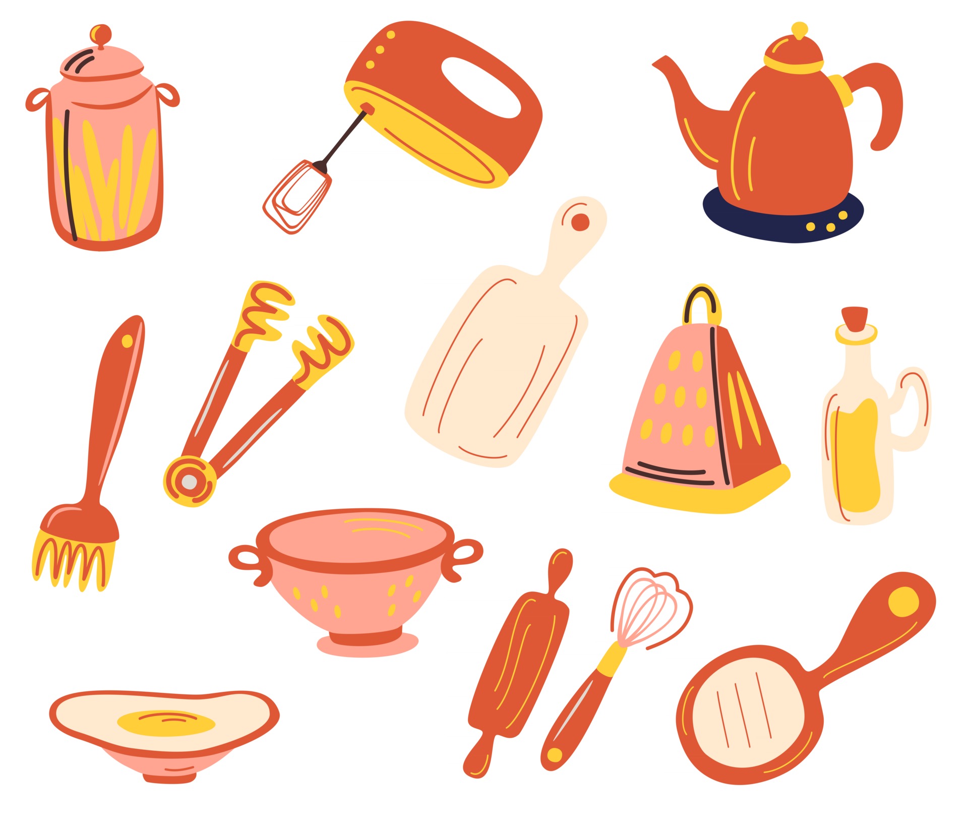 cosas de cocina. juego de utensilios de cocina con sartenes, platos, taza,  tetera, hervidor, balanza de