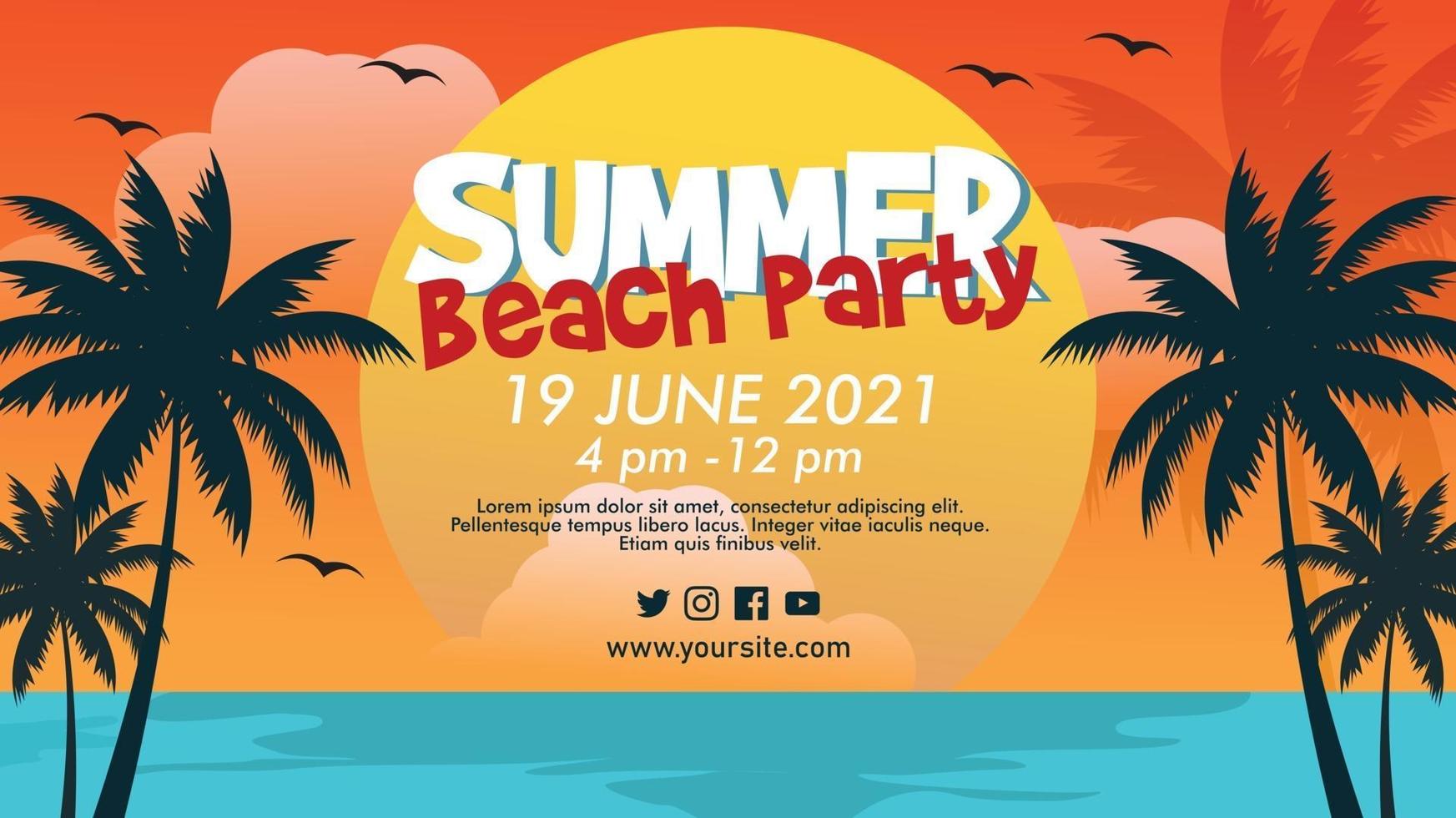 Plantilla de banner de vector horizontal para fiesta de verano en la playa