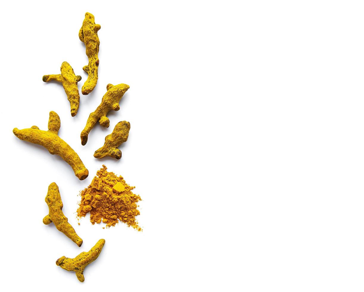 Yellow turmeric powder and dry roots photo