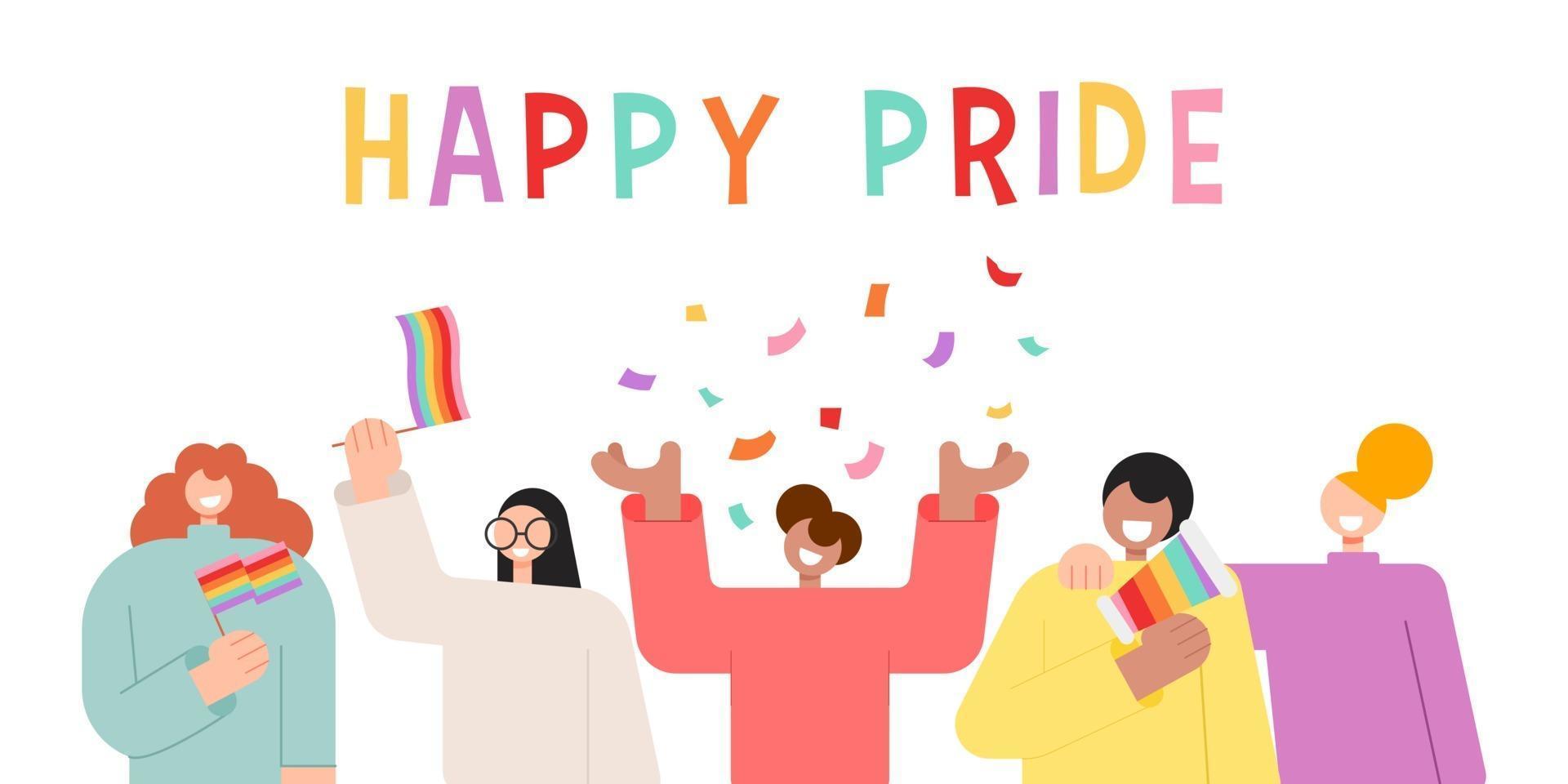 concepto de orgullo feliz con carácter de gente feliz. personas lgbtq celebrando el feliz mes del orgullo. ilustración vectorial. vector