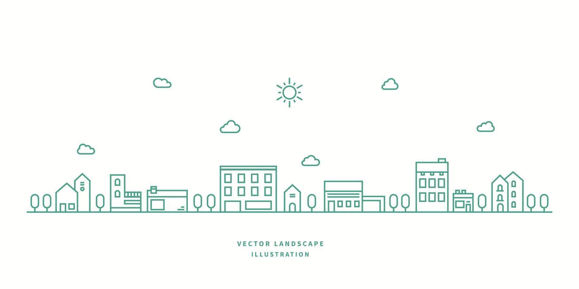 Vector landscape with houses, building, tree, sky. Suburban landscape. Flat line design vector.