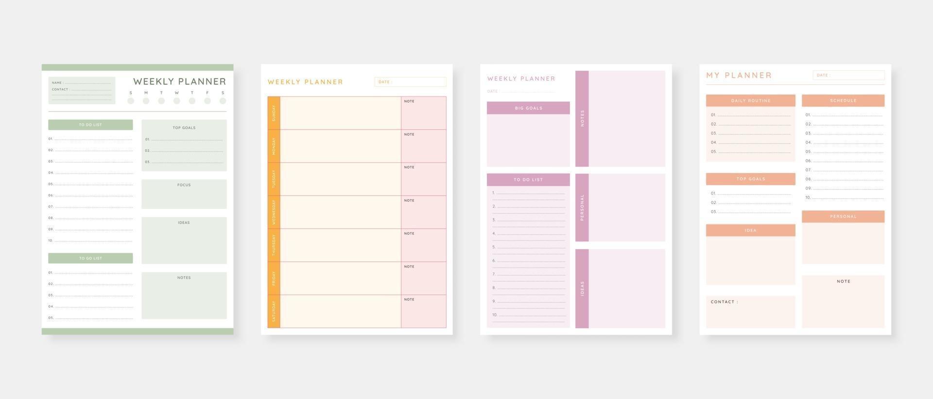 Modern planner template set. Set of planner and to do list. Monthly, weekly, daily planner template. Vector illustration.