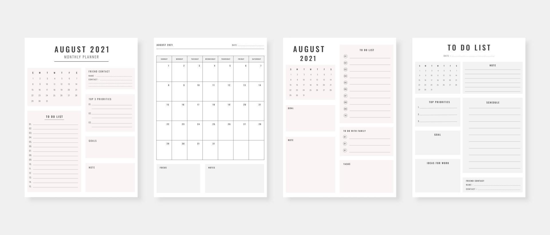 August 2021 - Planner. Modern planner template set. Set of planner and to do list. Monthly, weekly, daily planner template. Vector illustration.