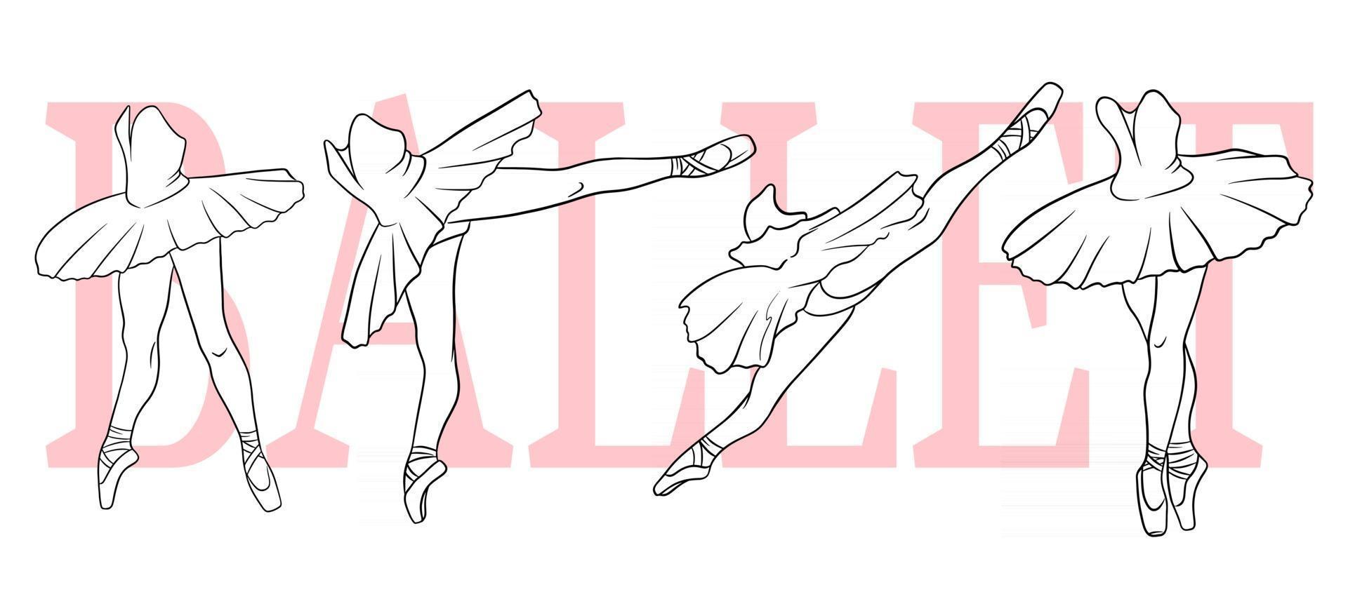 conjunto de ballet. bailarina en zapatillas de punta y un tutú. piernas de bailarina. arte lineal. vector