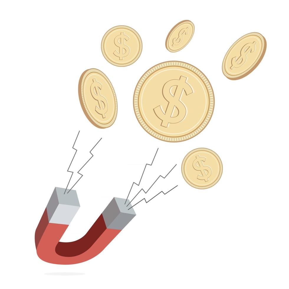 Magnet attracting US dollar coins. Attracting money concept. Vector illustration