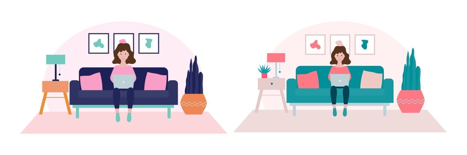 Set of Illustrations of Young Woman Sitting and Working at Home vector