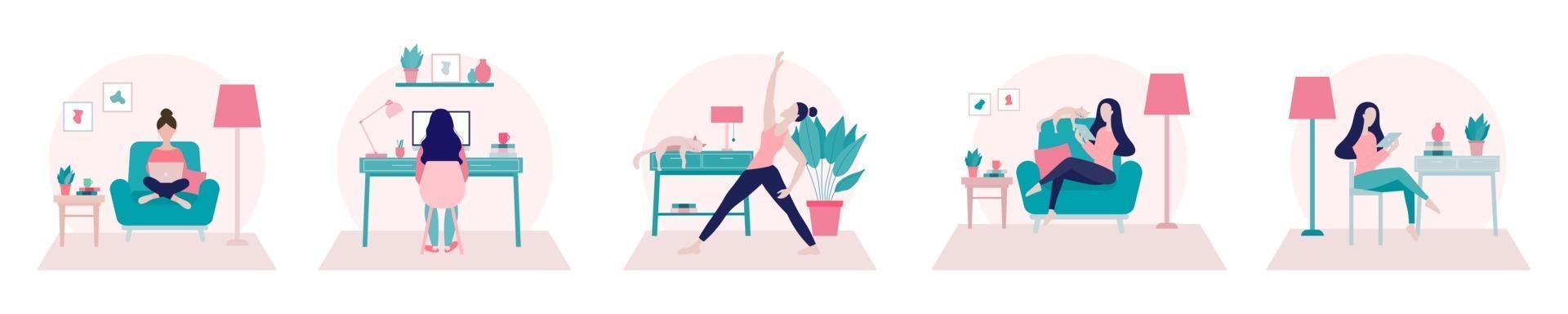 Set of Illustrations of Girl Exercising, Working at her Home Office, Relaxing vector