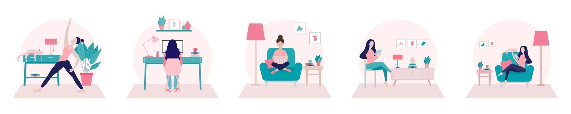 conjunto de ilustraciones de niña haciendo ejercicio, trabajando en su oficina en casa, relajándose vector