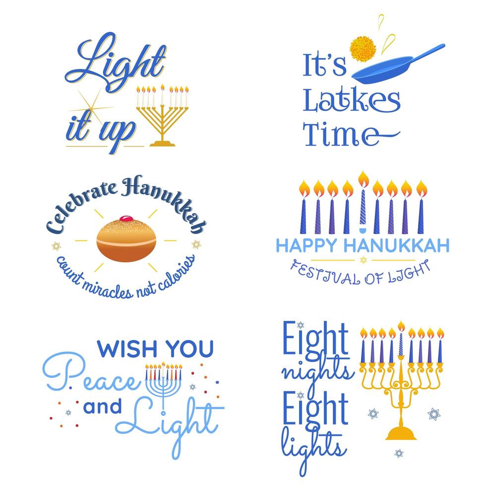 Happy Hanukkah vector Traditional Jewish holiday phrases typography quotes set  Chanukah humorist wishes Menorah donat candles star David illustration