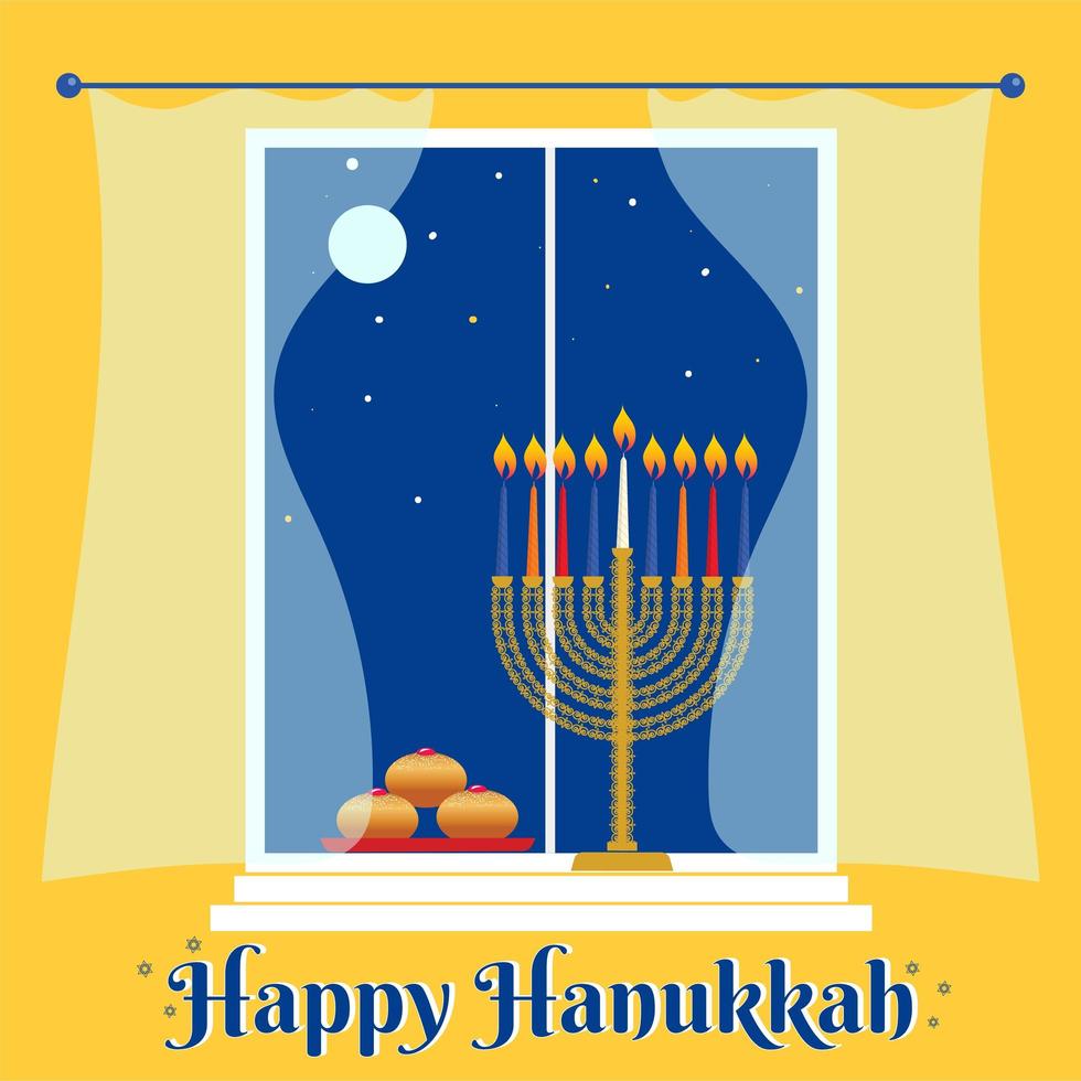 Happy Hanukkah greeting card with hanukkah traditional menorah, candles donuts house window and night sky vector