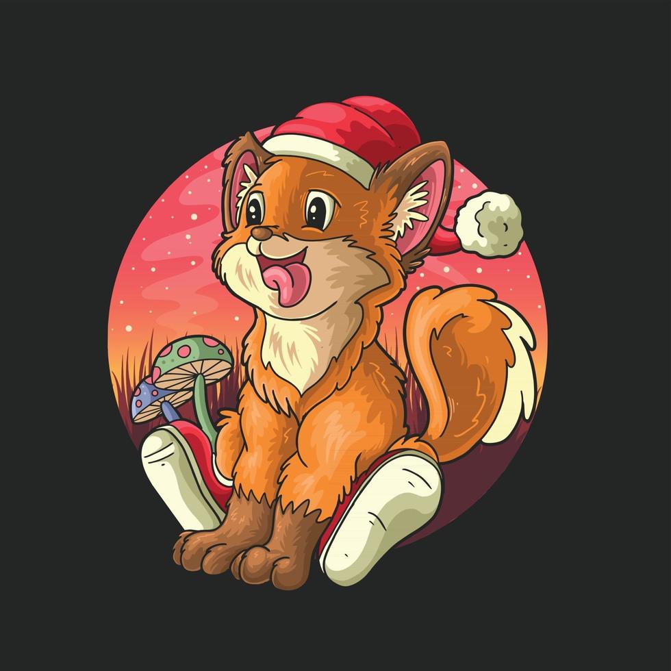 cute fox with christmas hat happy and funny illustration vector