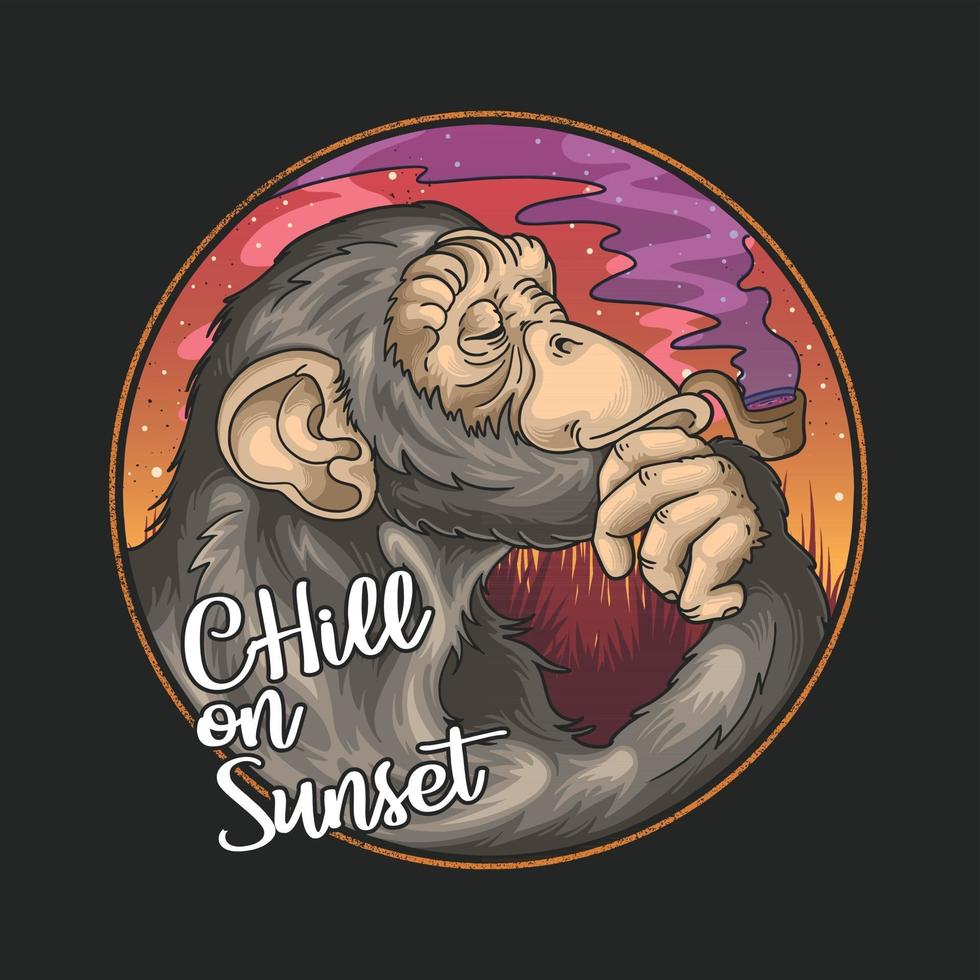 cool chimpanzee smoke pipe on summer sunset illustration vector