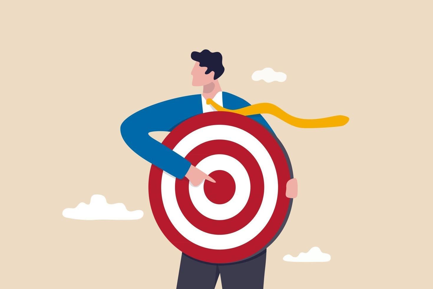 Focus on business target, setting goal for motivation, target audience for advertising or purpose for career development concept, businessman holding archer target or dashboard pointing at bullseye. vector