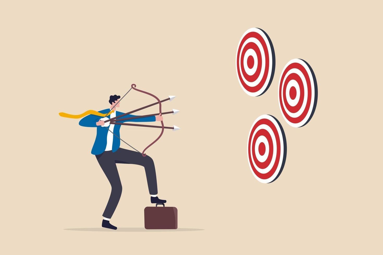 Multitasking or multiple purpose strategy, aiming for many targets or goal, skillful professional to achieve success in work and career concept, businessman aiming multiple bows on three targets. vector