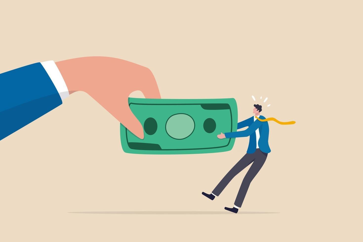 Fight for money, government asking for tax payment, company revenue market share, financial problem, pay off debt or bills concept, big hand pulling money banknote tug of war with small businessman. vector