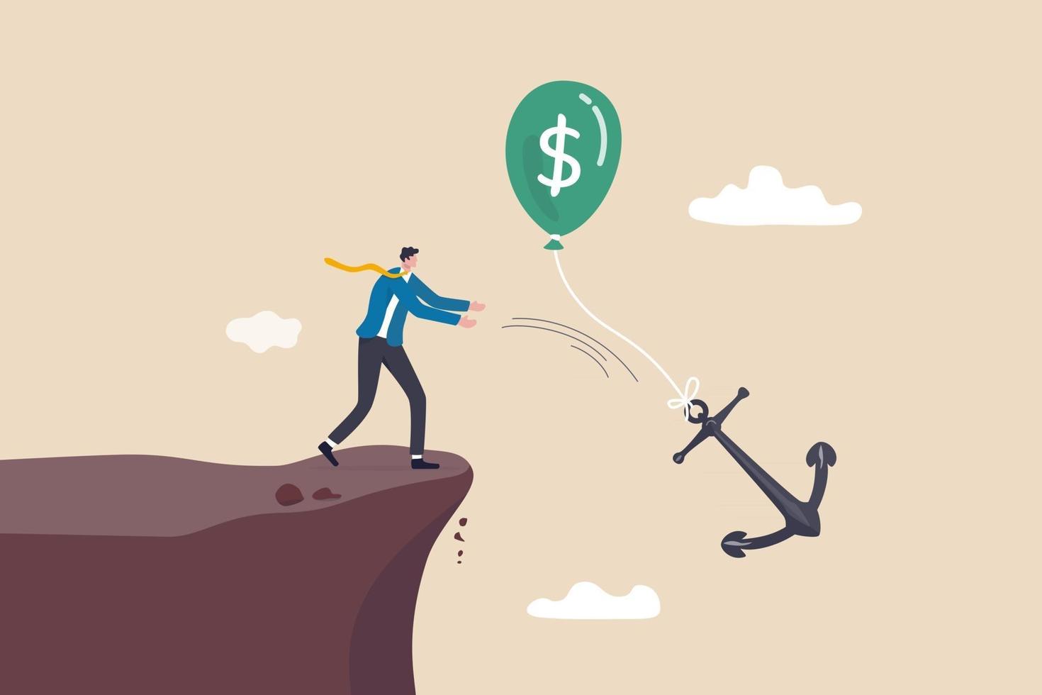 Monetary policy to lower inflation, keep cost or expense low for profit, FED or central bank interest rate control metaphor, businessman government throwing burden anchor tie with money dollar balloon vector