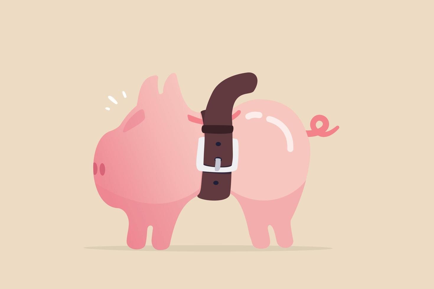 Tighten belt to reduce budget or spending, financial crisis or economic slow down, keep cost and expense low to survive, pink piggybank tighten belt on his belly metaphor of saving cost. vector